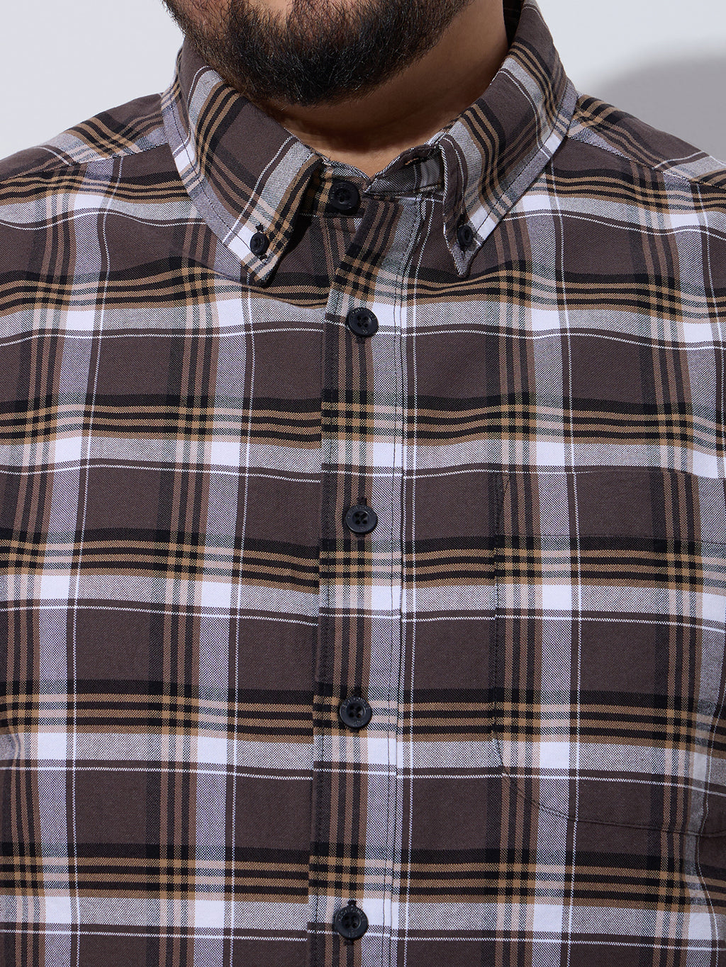 Plus Size Cotton Checks Shirt 1 Pocket Regular Fit Smart Casual Shirt, Style- Plus-1262-brown