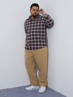 Plus Size Cotton Checks Shirt 1 Pocket Regular Fit Smart Casual Shirt, Style- Plus-1262-brown