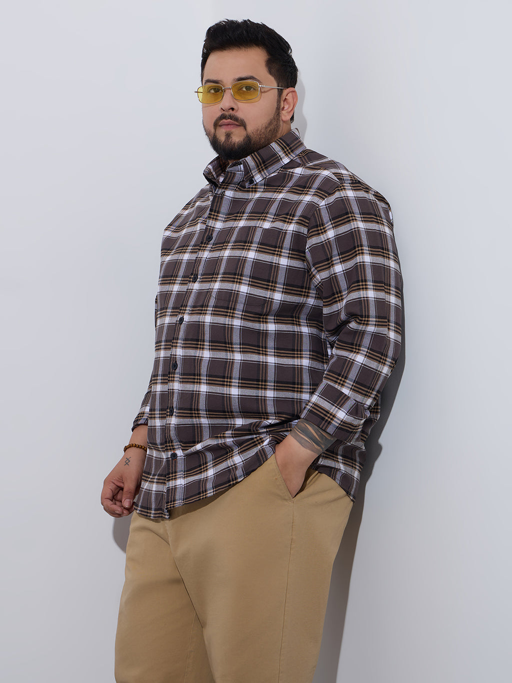 Plus Size Cotton Checks Shirt 1 Pocket Regular Fit Smart Casual Shirt, Style- Plus-1262-brown