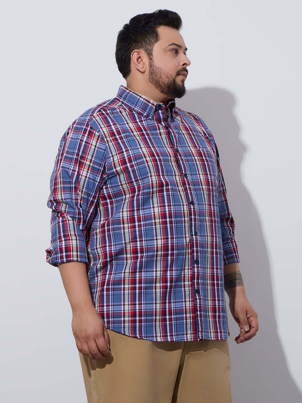 Plus Size Cotton Checks Shirt 1 Pocket Regular Fit Smart Casual Shirt, Style- Plus-1263-Red