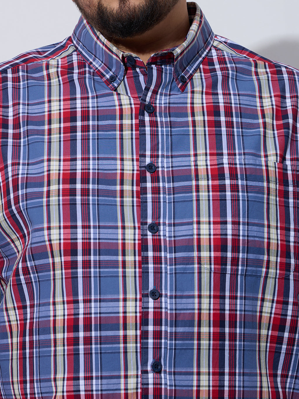 Plus Size Cotton Checks Shirt 1 Pocket Regular Fit Smart Casual Shirt, Style- Plus-1263-Red