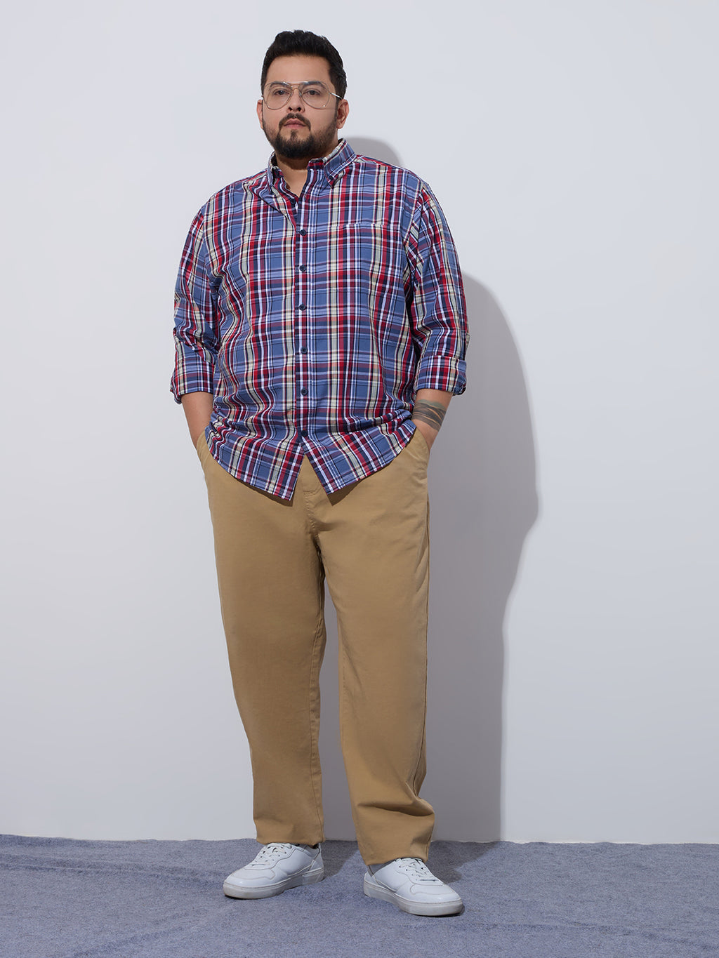Plus Size Cotton Checks Shirt 1 Pocket Regular Fit Smart Casual Shirt, Style- Plus-1263-Red