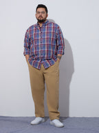 Plus Size Cotton Checks Shirt 1 Pocket Regular Fit Smart Casual Shirt, Style- Plus-1263-Red
