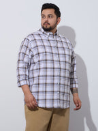 Plus Size Cotton Checks Shirt 1 Pocket Regular Fit Smart Casual Shirt, Style- Plus-1265-white