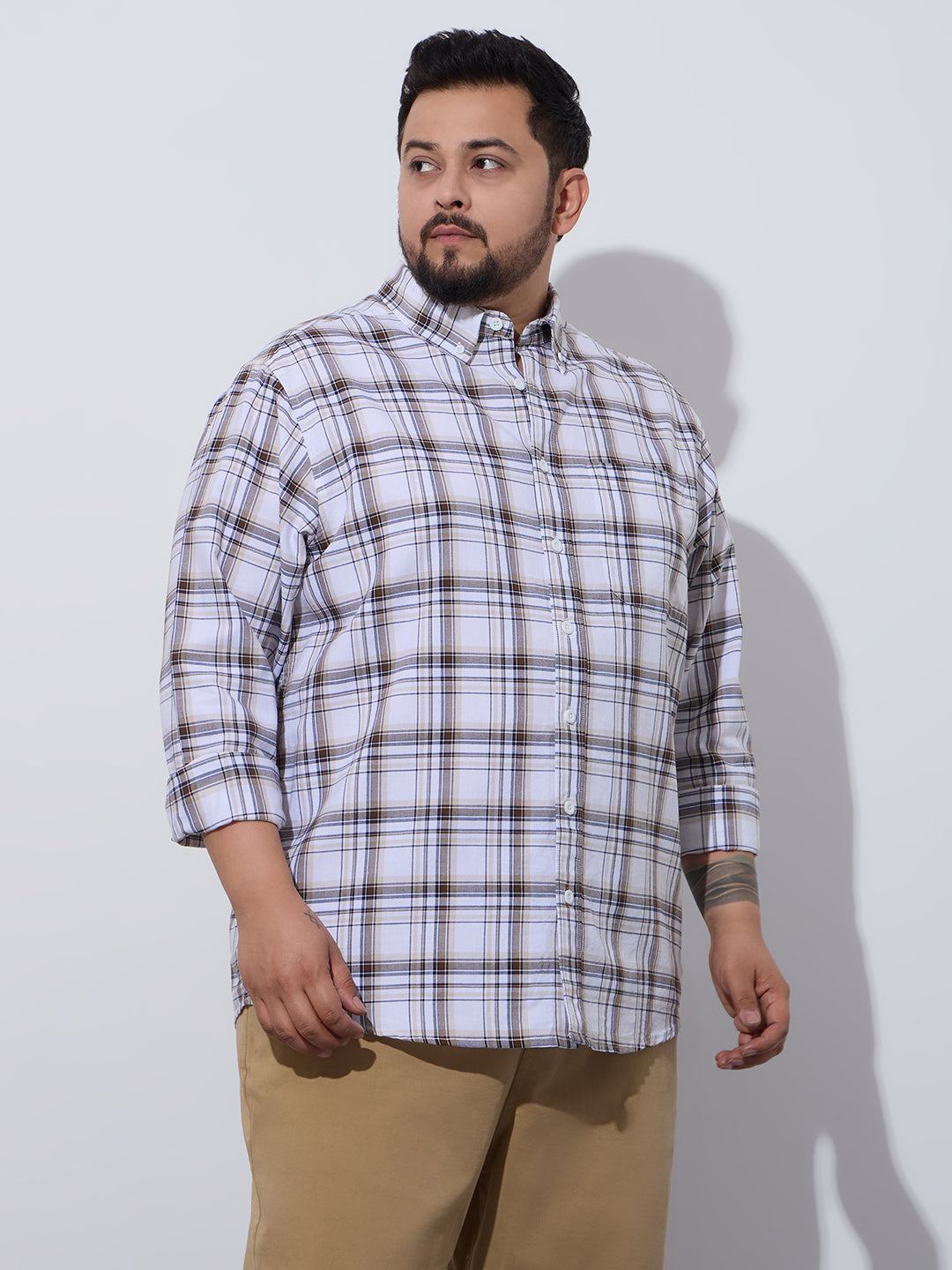Plus Size Cotton Checks Shirt 1 Pocket Regular Fit Smart Casual Shirt, Style- Plus-1265-white