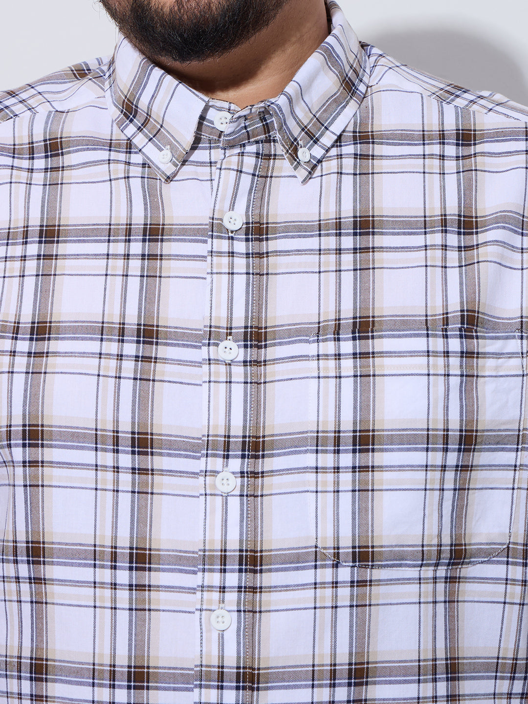 Plus Size Cotton Checks Shirt 1 Pocket Regular Fit Smart Casual Shirt, Style- Plus-1265-white