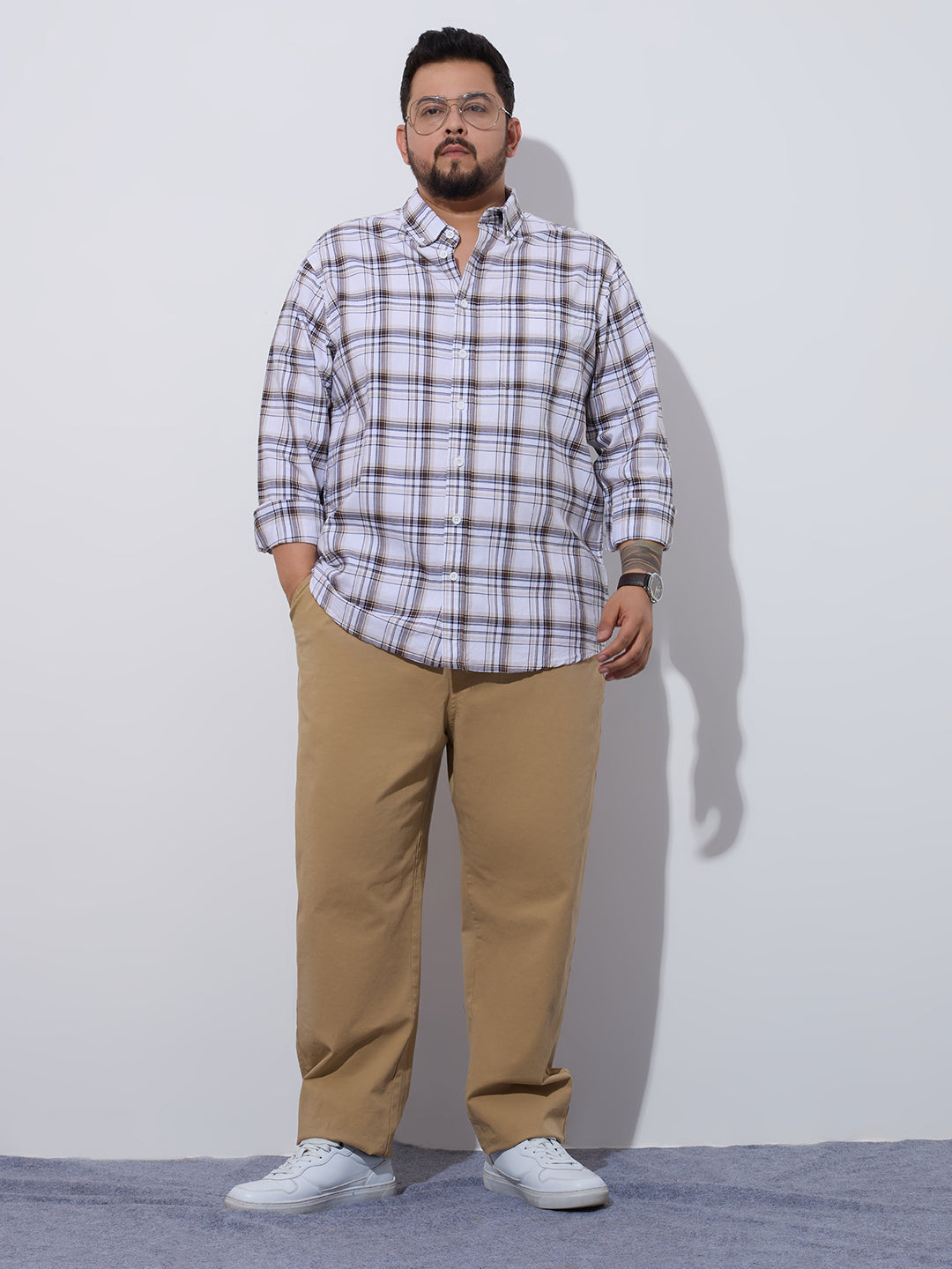 Plus Size Cotton Checks Shirt 1 Pocket Regular Fit Smart Casual Shirt, Style- Plus-1265-white