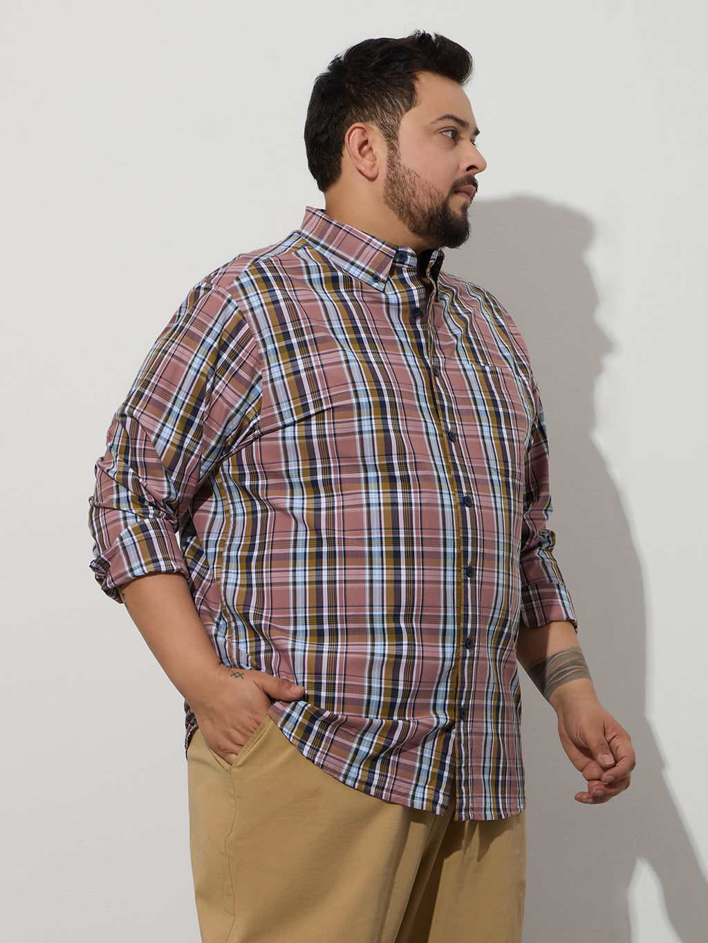 Plus Size Cotton Checks Shirt 1 Pocket Regular Fit Smart Casual Shirt, Style- Plus-1263-Mauve