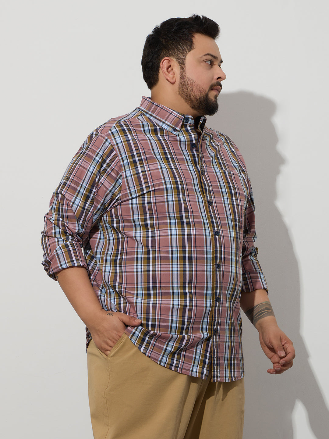 Plus Size Cotton Checks Shirt 1 Pocket Regular Fit Smart Casual Shirt, Style- Plus-1263-Mauve