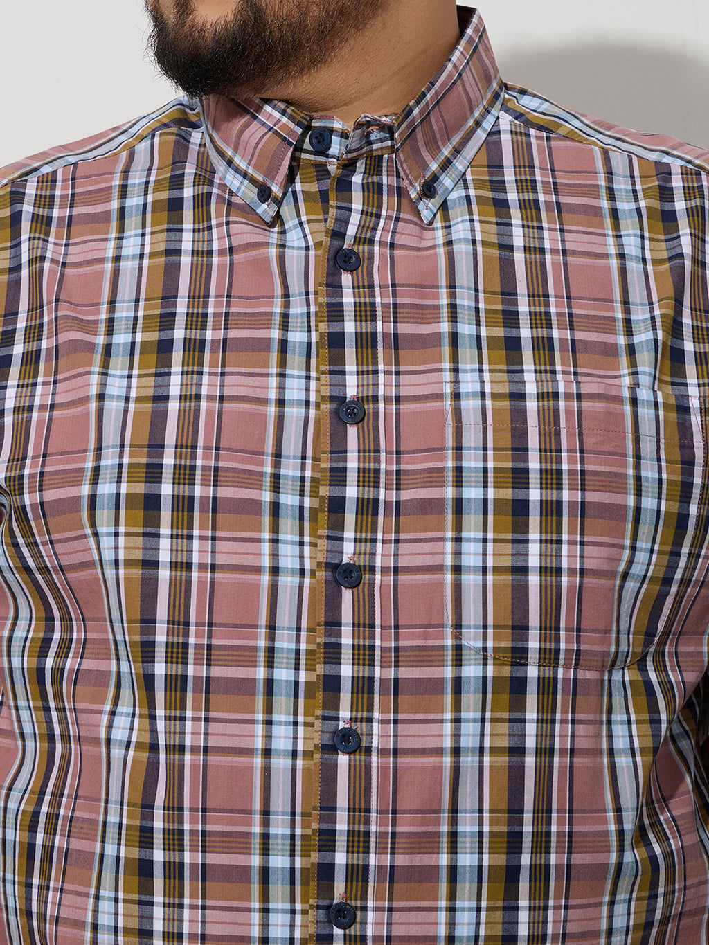 Plus Size Cotton Checks Shirt 1 Pocket Regular Fit Smart Casual Shirt, Style- Plus-1263-Mauve