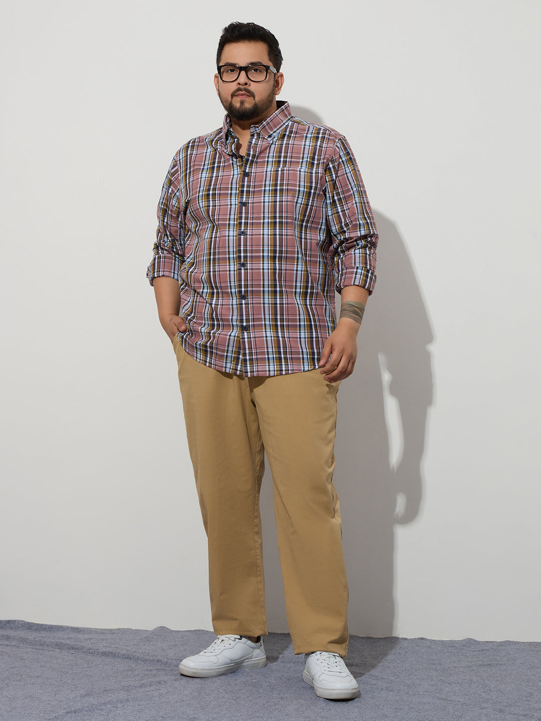 Plus Size Cotton Checks Shirt 1 Pocket Regular Fit Smart Casual Shirt, Style- Plus-1263-Mauve