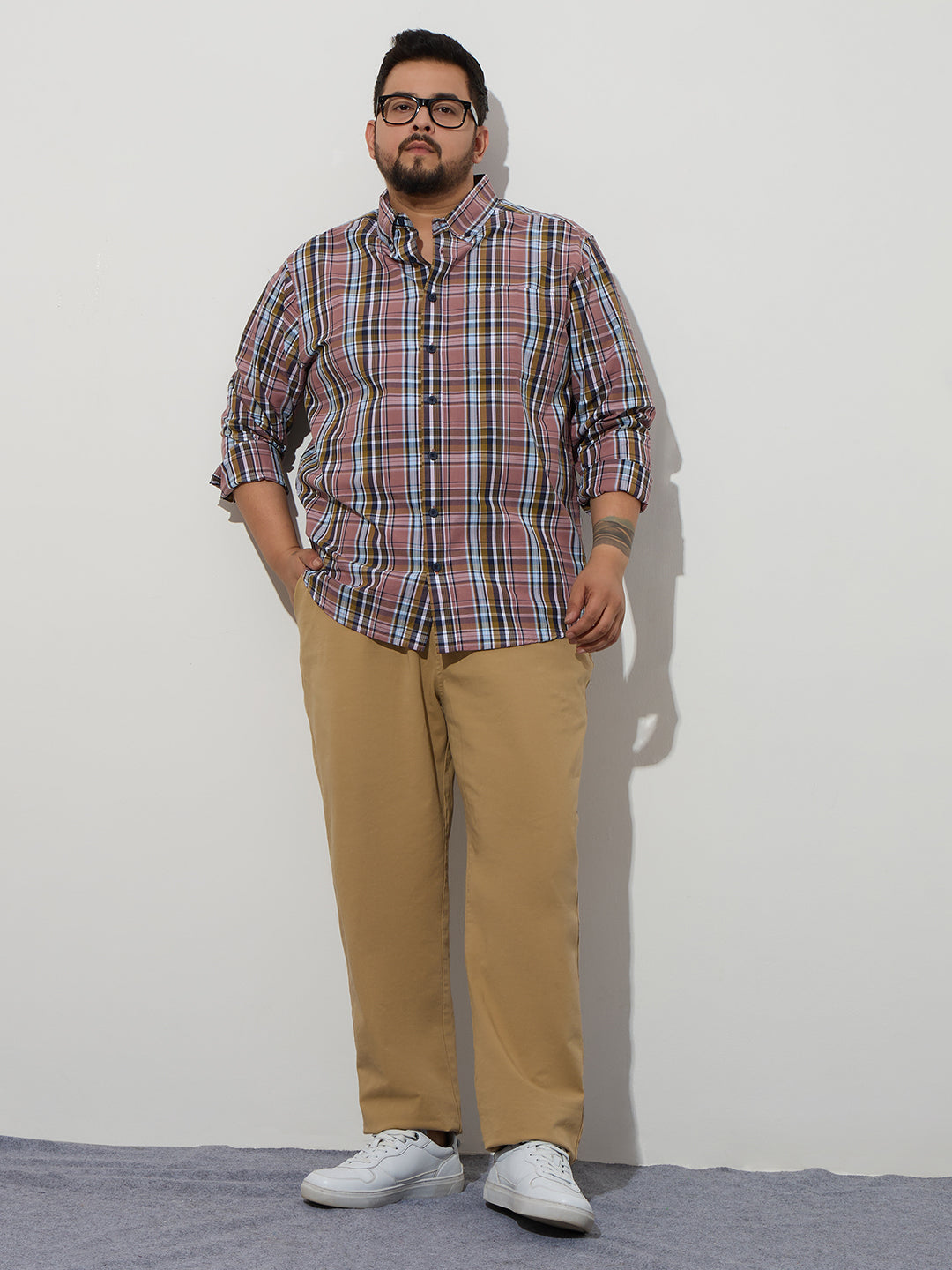 Plus Size Cotton Checks Shirt 1 Pocket Regular Fit Smart Casual Shirt, Style- Plus-1263-Mauve