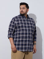 Plus Size Cotton Checks Shirt 1 Pocket Regular Fit Smart Casual Shirt, Style-Plus-1265-Navy