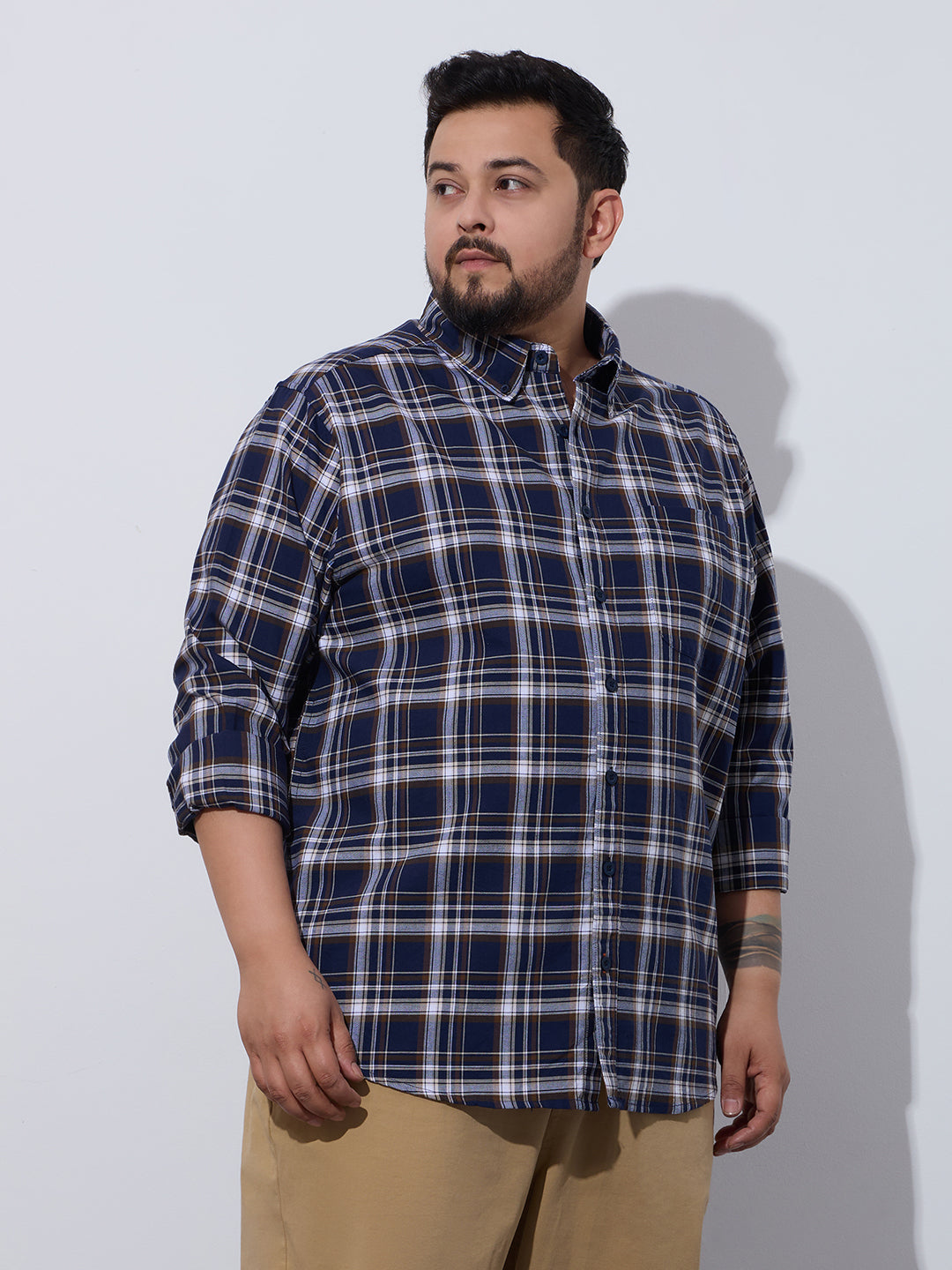 Plus Size Cotton Checks Shirt 1 Pocket Regular Fit Smart Casual Shirt, Style-Plus-1265-Navy