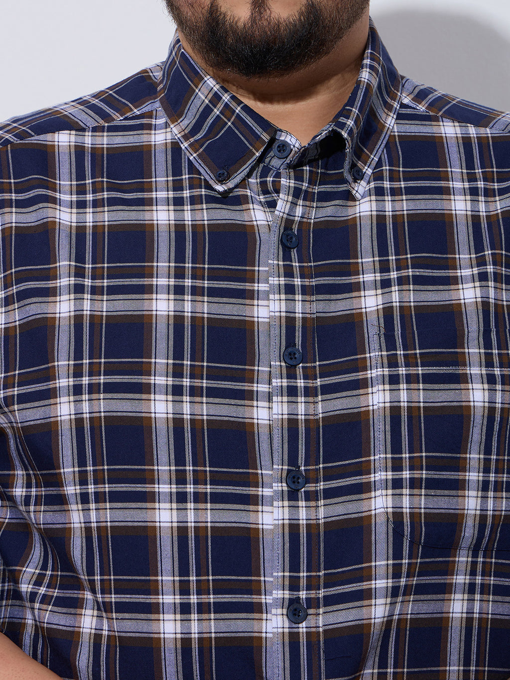 Plus Size Cotton Checks Shirt 1 Pocket Regular Fit Smart Casual Shirt, Style-Plus-1265-Navy