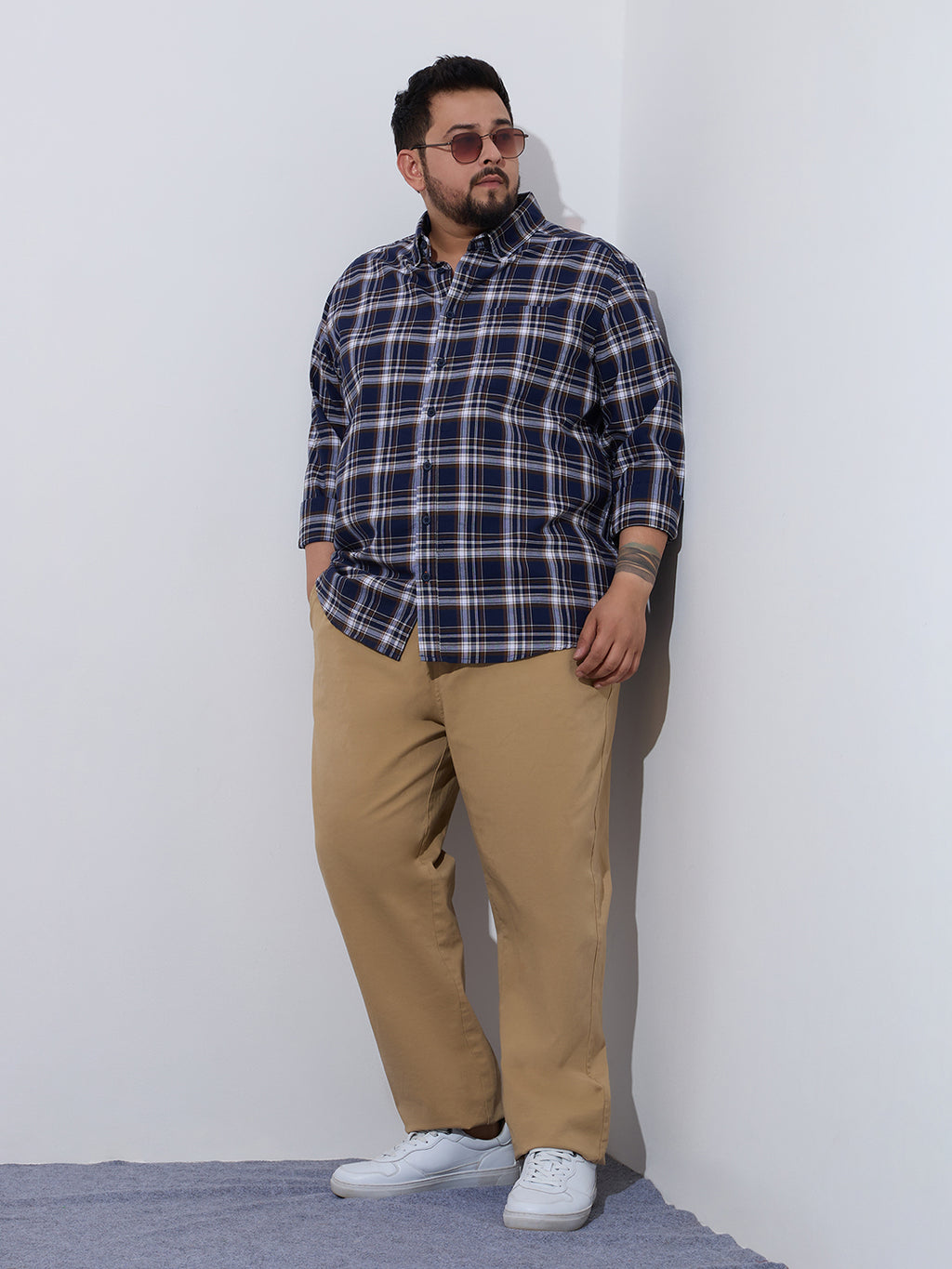 Plus Size Cotton Checks Shirt 1 Pocket Regular Fit Smart Casual Shirt, Style-Plus-1265-Navy