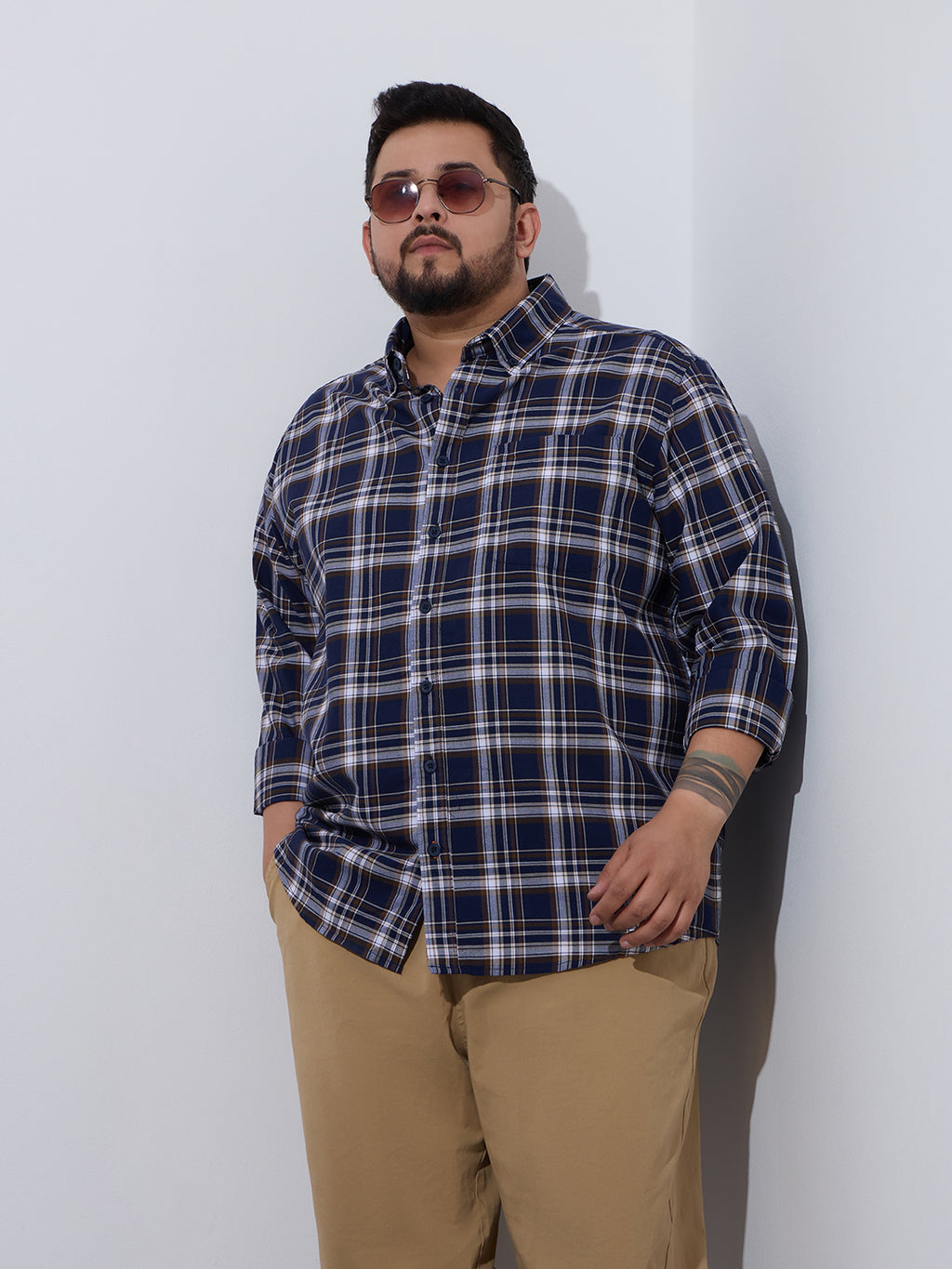 Plus Size Cotton Checks Shirt 1 Pocket Regular Fit Smart Casual Shirt, Style-Plus-1265-Navy