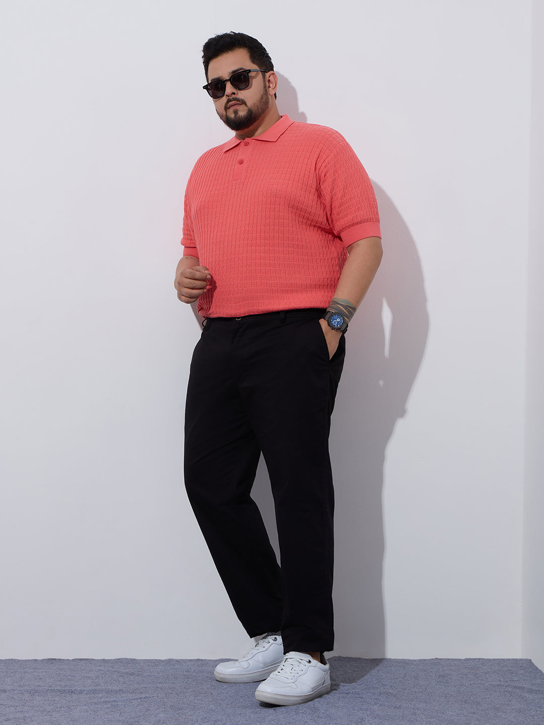 Flat Knit Half sleeve Polo Ribbed T Shirt -Style- NC-Plus-129-Carrot