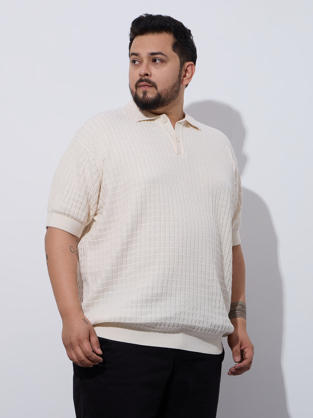 Flat Knit Half sleeve Polo Ribbed T Shirt, Style- NC-Plus-129-Ash-Milange