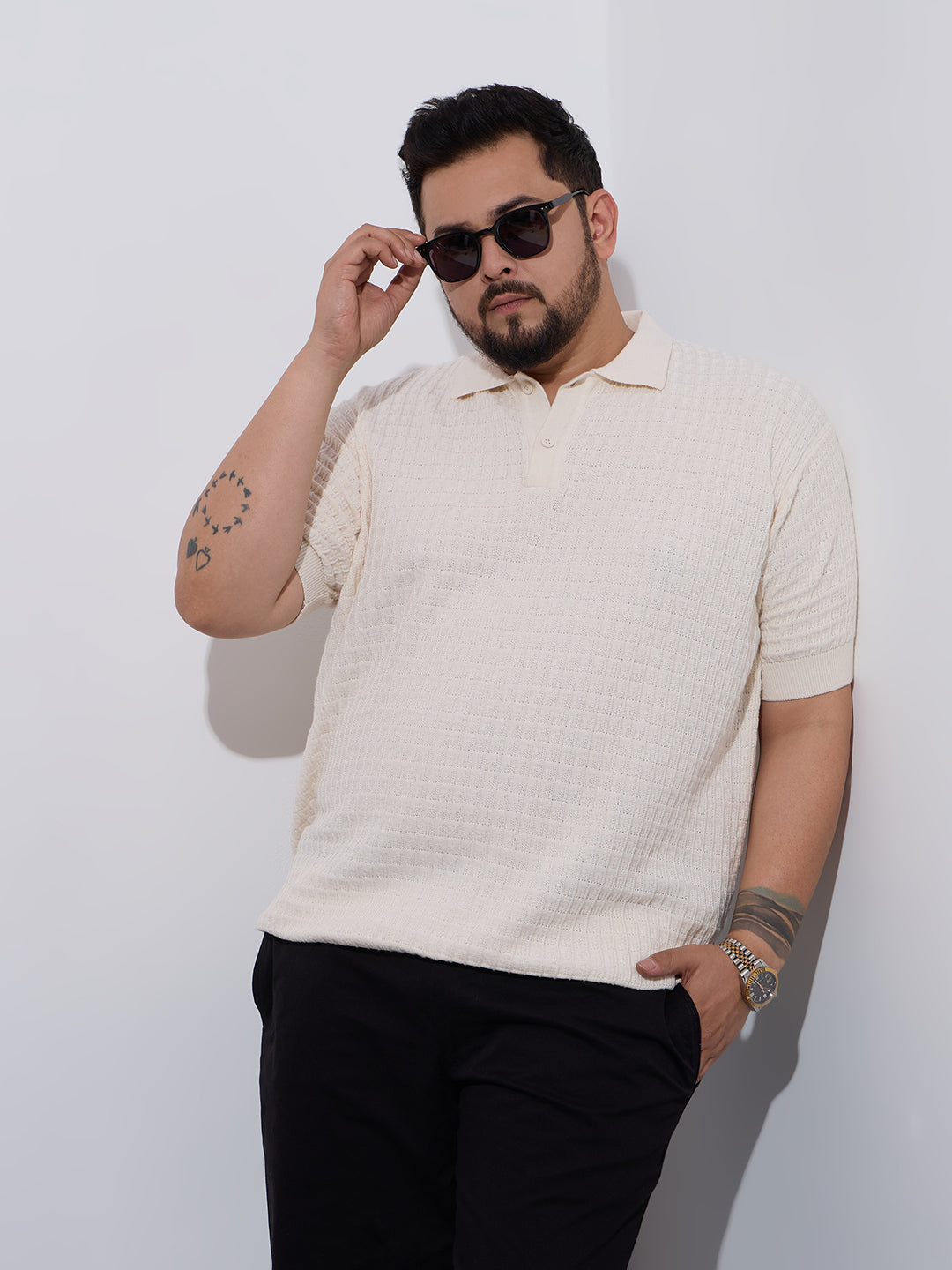 Flat Knit Half sleeve Polo Ribbed T Shirt, Style- NC-Plus-129-Ash-Milange