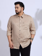 Plus Size Cotton Printed 1 Pocket Regular Fit Smart Casual Shirt Style- 1272-Beige