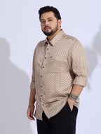 Plus Size Cotton Printed 1 Pocket Regular Fit Smart Casual Shirt Style- 1272-Beige