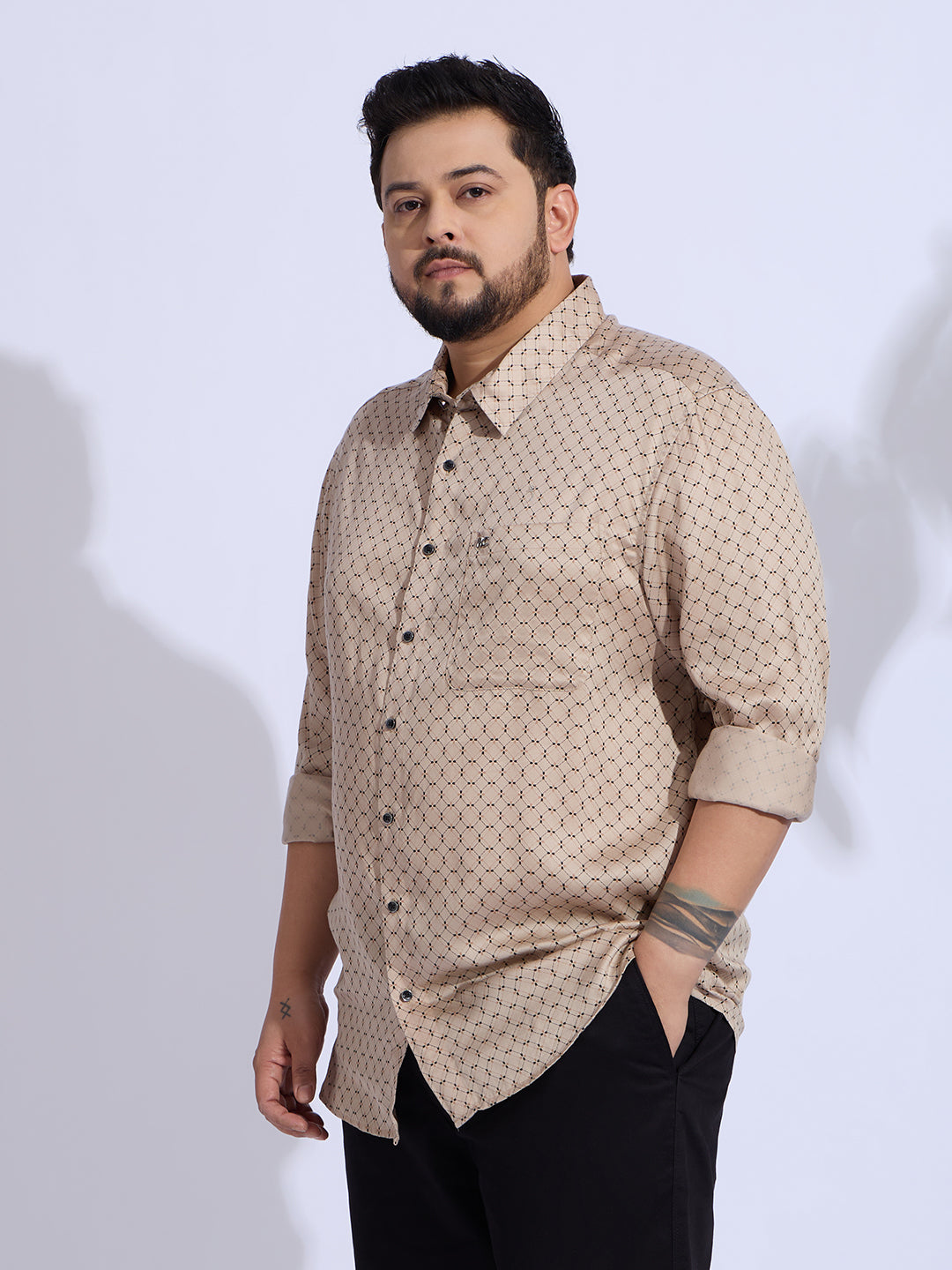 Plus Size Cotton Printed 1 Pocket Regular Fit Smart Casual Shirt Style- 1272-Beige