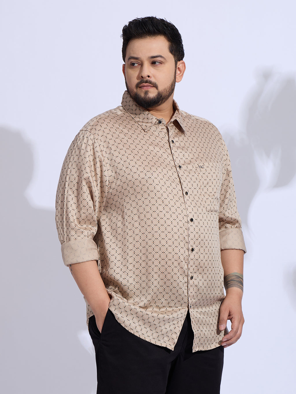 Plus Size Cotton Printed 1 Pocket Regular Fit Smart Casual Shirt Style- 1272-Beige