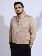 Plus Size Cotton Printed 1 Pocket Regular Fit Smart Casual Shirt Style- 1272-Beige