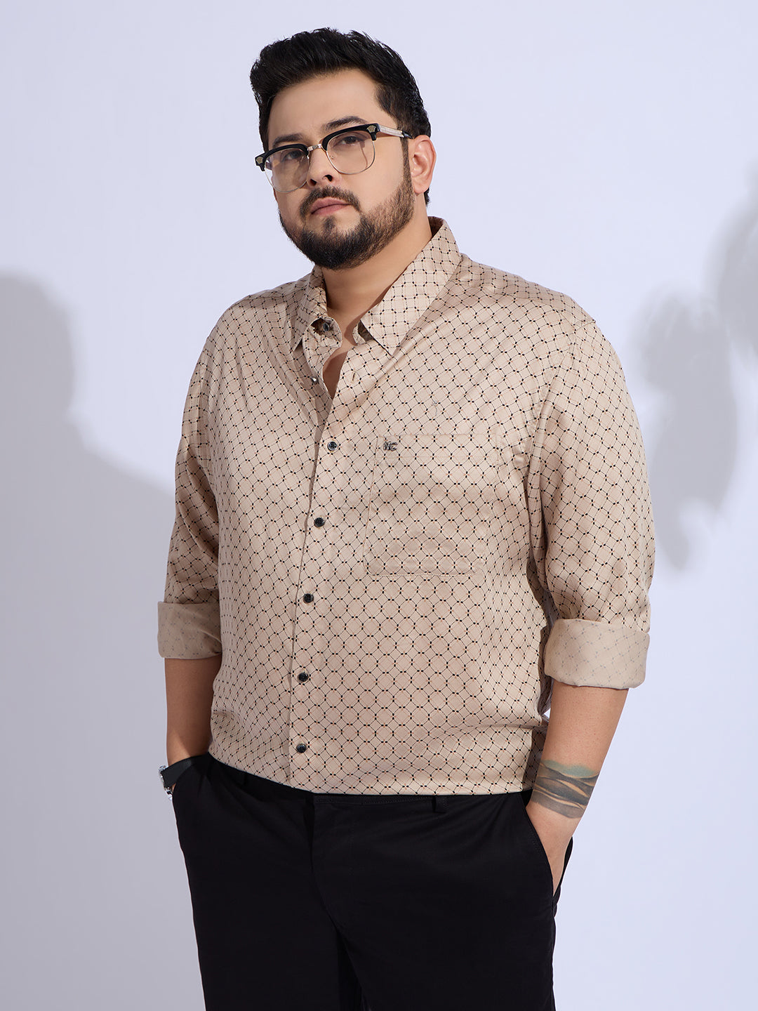 Plus Size Cotton Printed 1 Pocket Regular Fit Smart Casual Shirt Style- 1272-Beige