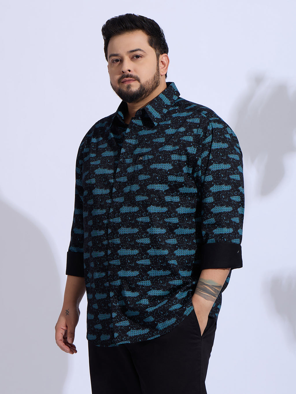 Plus Size Cotton Printed 1 Pocket Regular Fit Smart Casual Shirt Style-1271-Blue