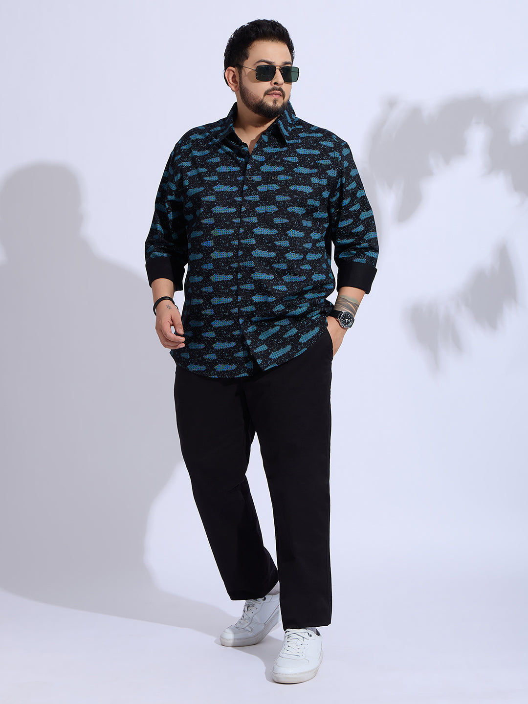 Plus Size Cotton Printed 1 Pocket Regular Fit Smart Casual Shirt Style-1271-Blue