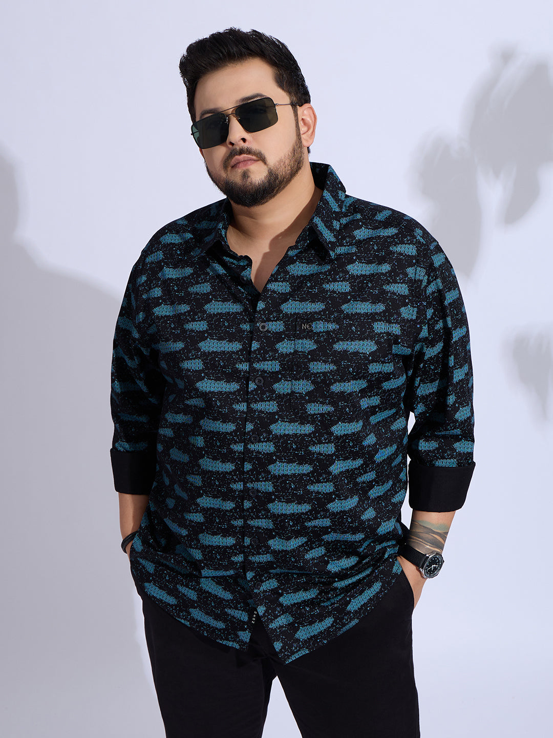 Plus Size Cotton Printed 1 Pocket Regular Fit Smart Casual Shirt Style-1271-Blue