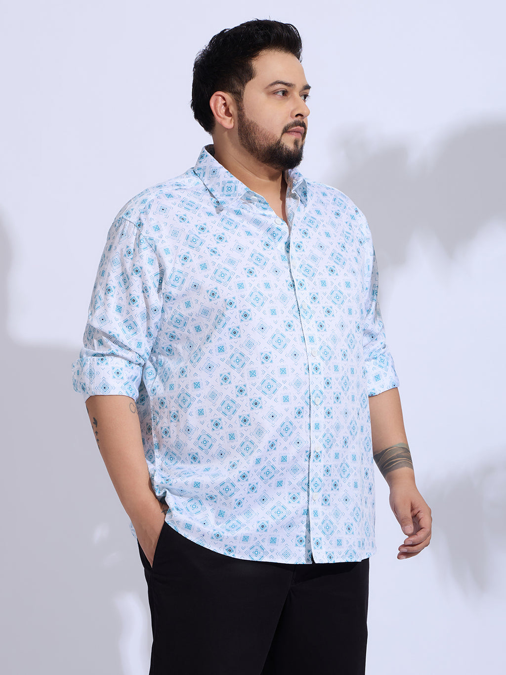 Plus Size Cotton Printed Regular Fit Smart Casual Shirt Style-1272-White