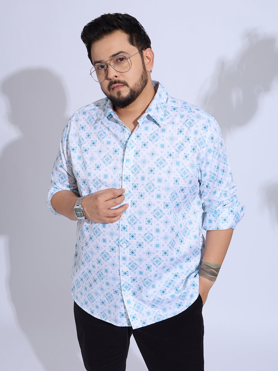 Plus Size Cotton Printed Regular Fit Smart Casual Shirt Style-1272-White