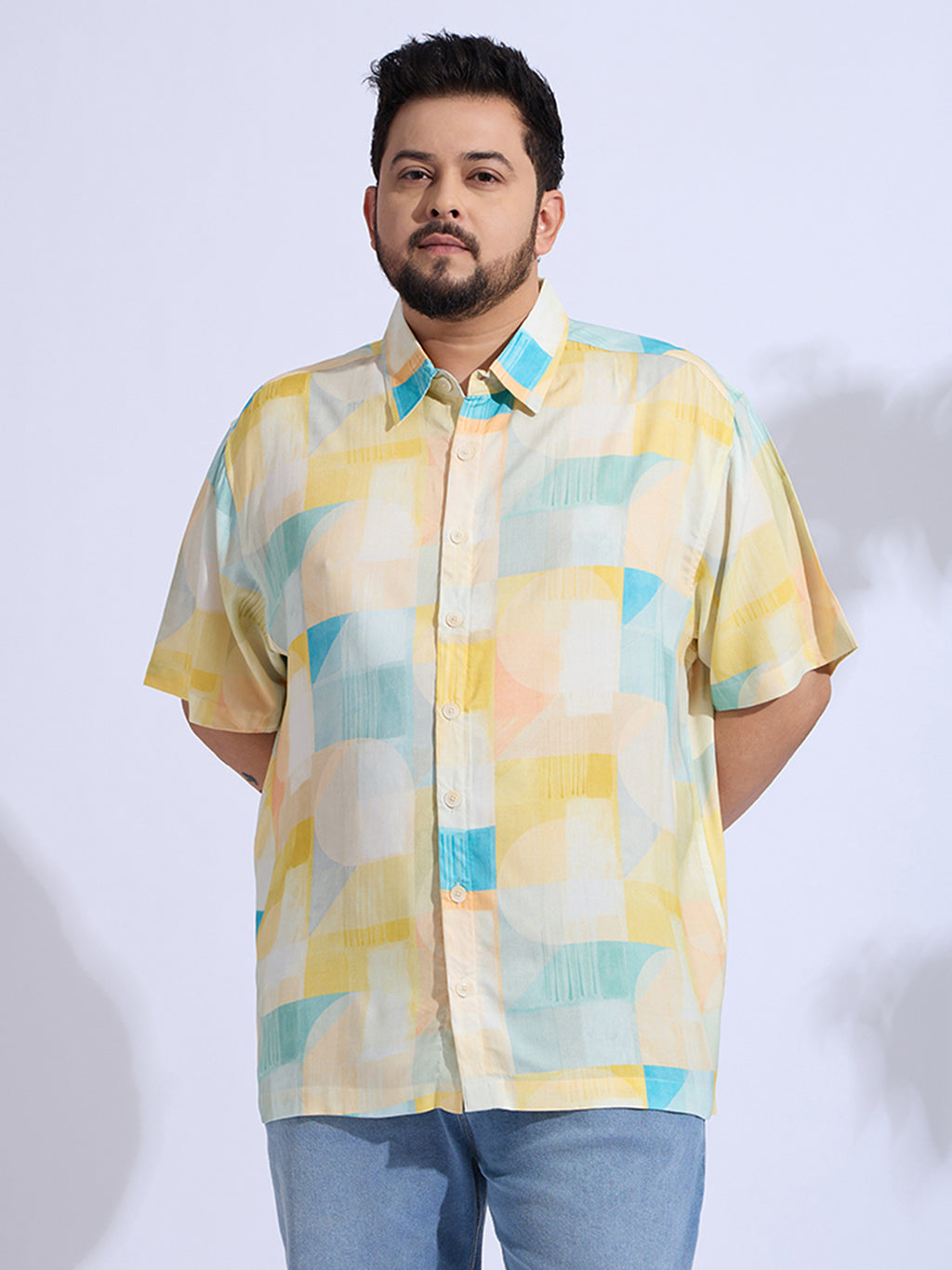 Plus Size Cotton Reyon Printed Regular Fit Smart Casual Shirt - Yellow