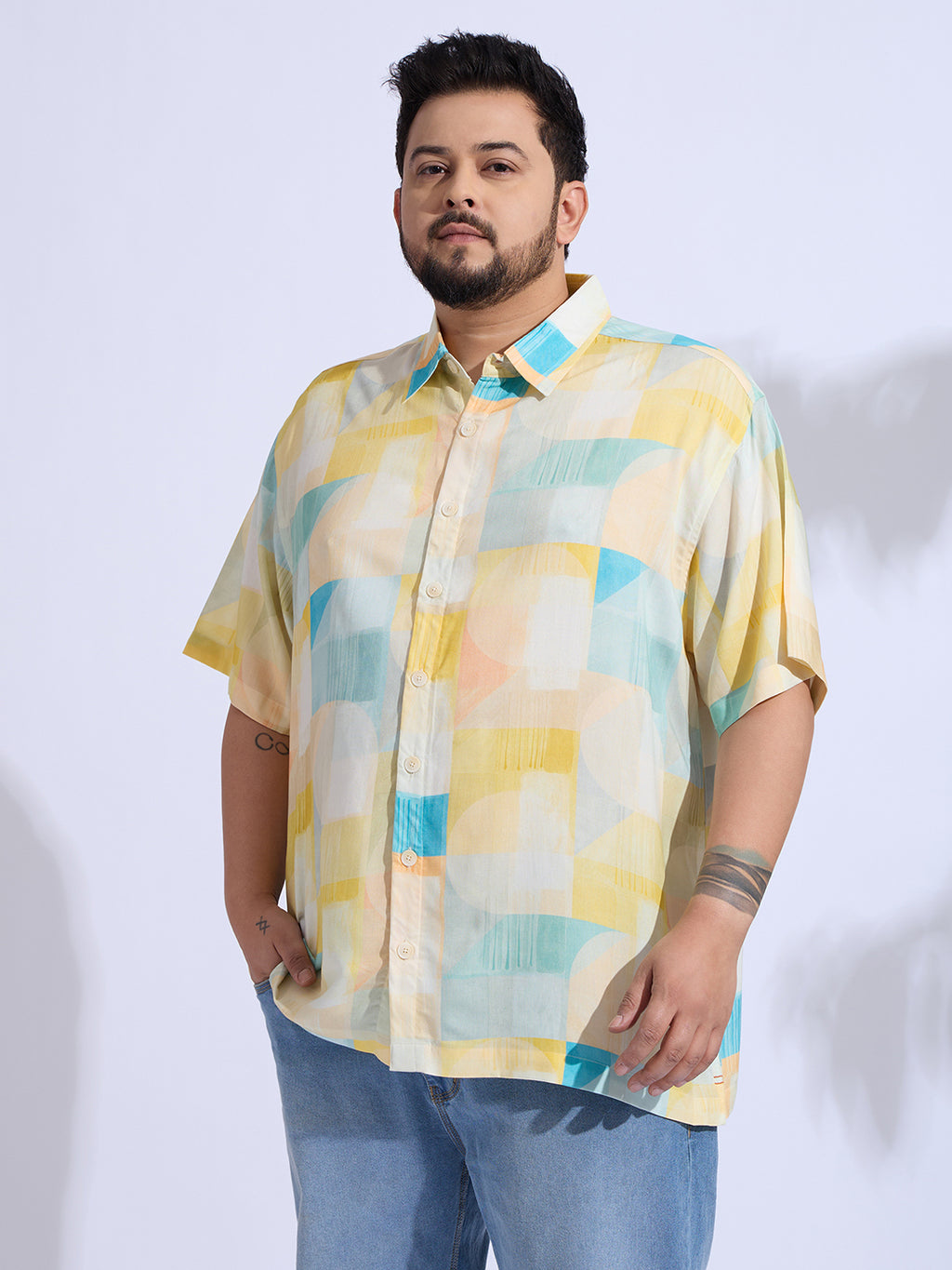 Plus Size Cotton Reyon Printed Regular Fit Smart Casual Shirt - Yellow
