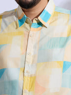Plus Size Cotton Reyon Printed Regular Fit Smart Casual Shirt - Yellow