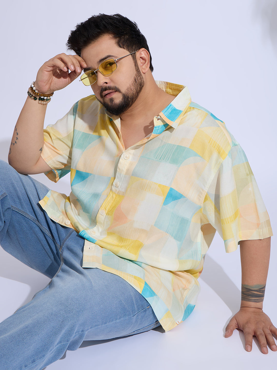 Plus Size Cotton Reyon Printed Regular Fit Smart Casual Shirt - Yellow