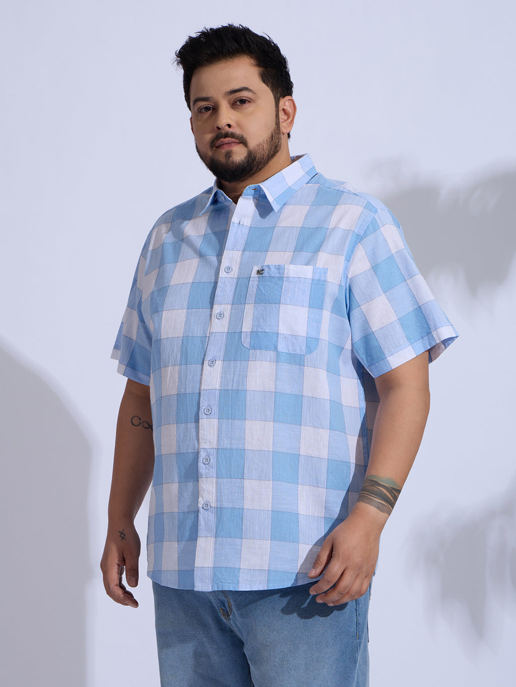 Plus Size Cotton Checks Regular Fit Smart Casual Shirt - Blue
