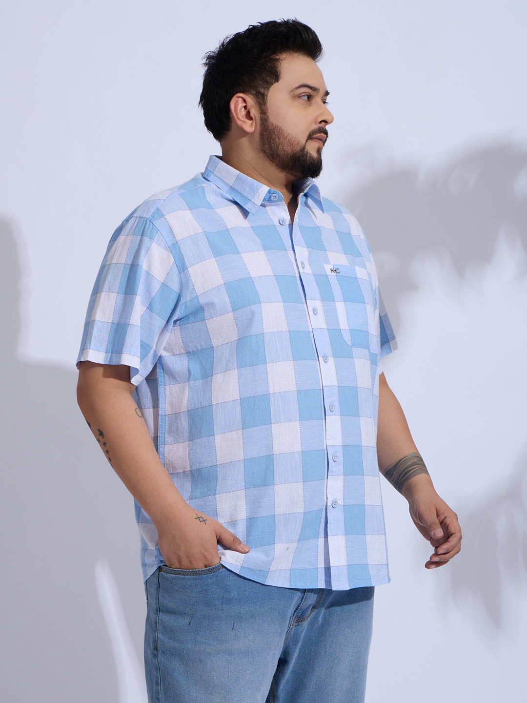 Plus Size Cotton Checks Regular Fit Smart Casual Shirt - Blue