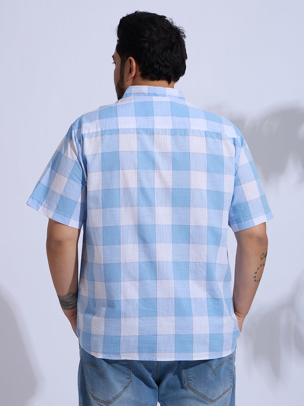 Plus Size Cotton Checks Regular Fit Smart Casual Shirt - Blue