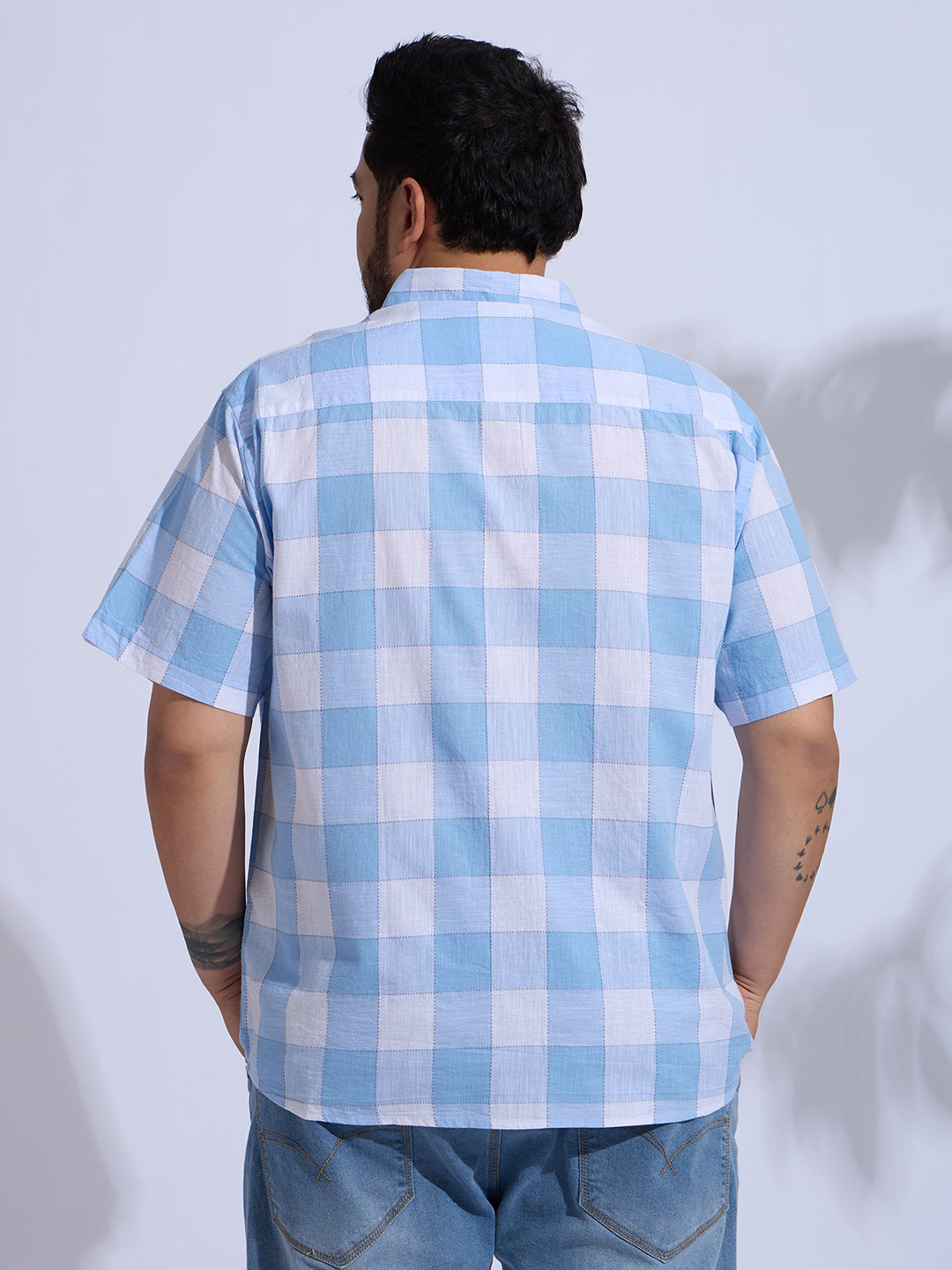 Plus Size Cotton Checks Regular Fit Smart Casual Shirt - Blue