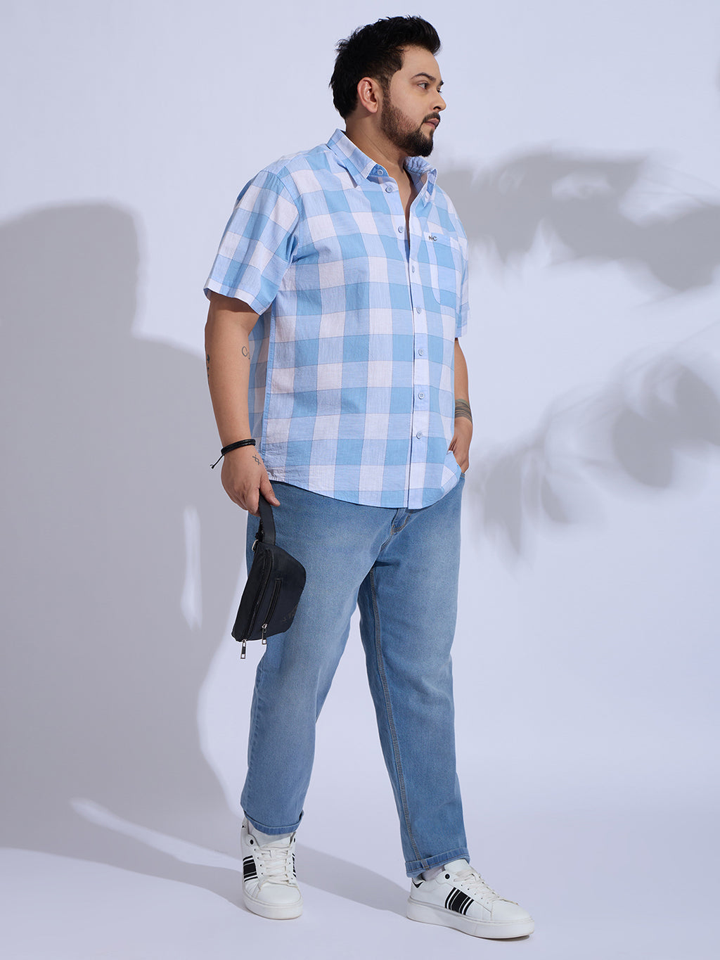 Plus Size Cotton Checks Regular Fit Smart Casual Shirt - Blue