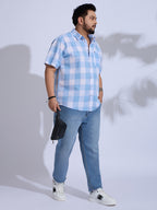 Plus Size Cotton Checks Regular Fit Smart Casual Shirt - Blue