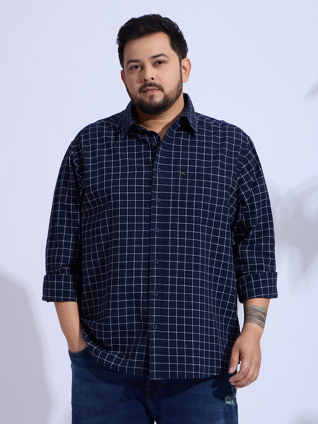 Plus Size Cotton Check 1 Pocket Regular Fit Smart Casual Shirt - Navy