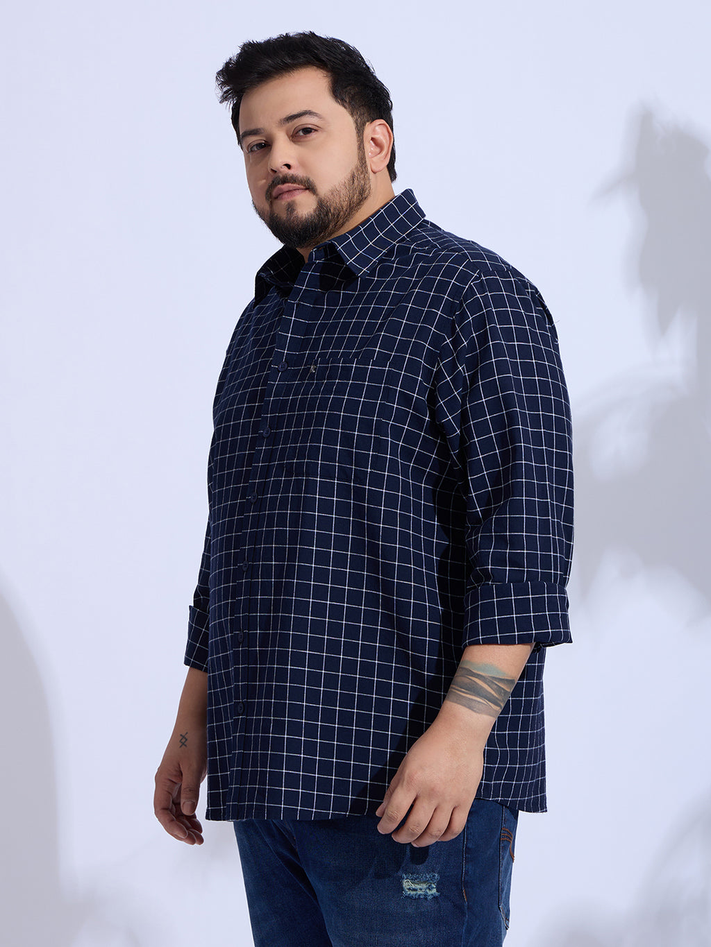 Plus Size Cotton Check 1 Pocket Regular Fit Smart Casual Shirt - Navy