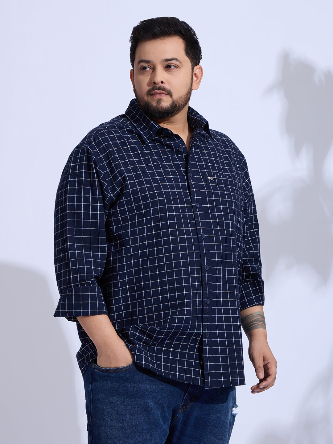 Plus Size Cotton Check 1 Pocket Regular Fit Smart Casual Shirt - Navy