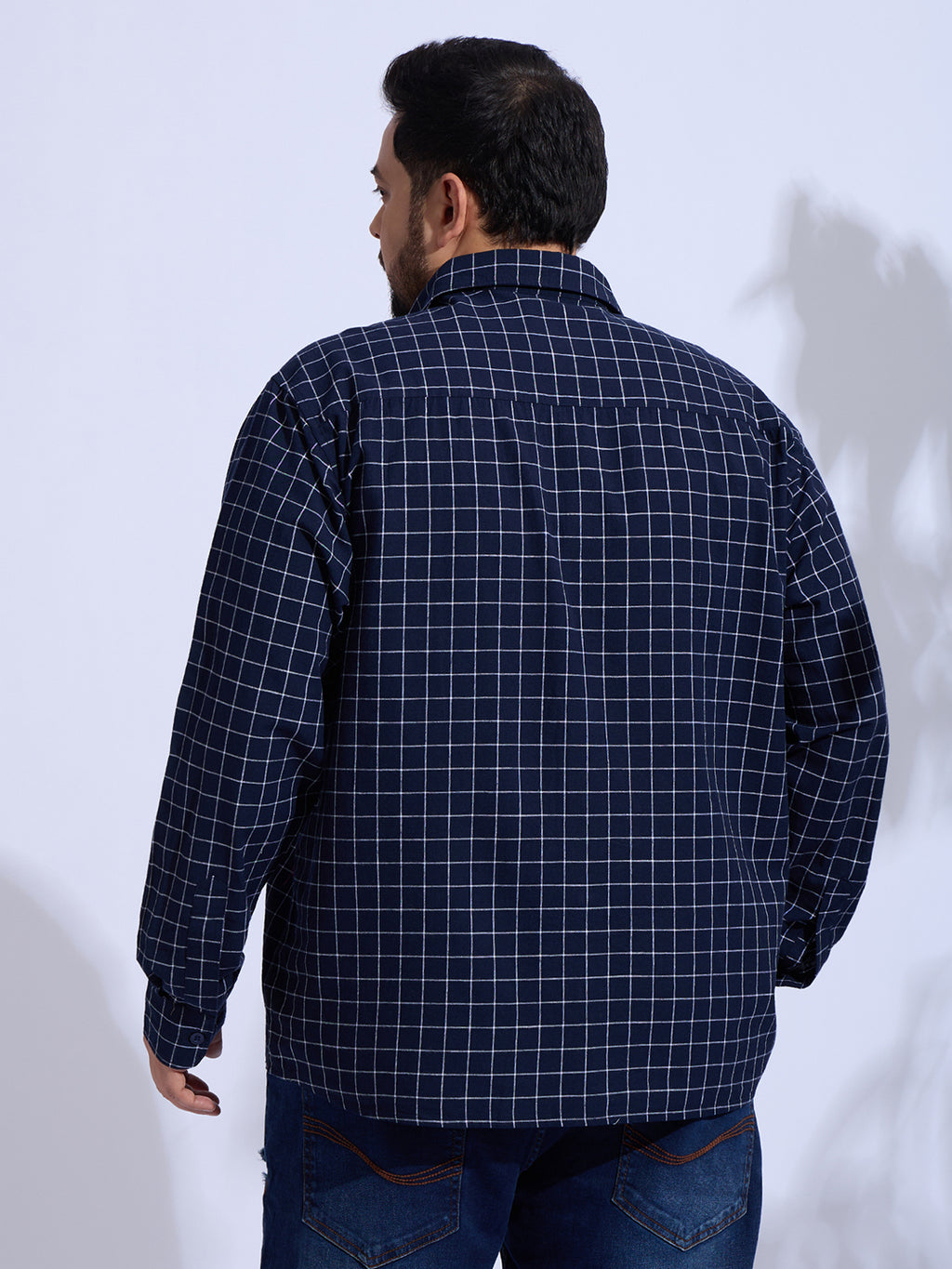 Plus Size Cotton Check 1 Pocket Regular Fit Smart Casual Shirt - Navy