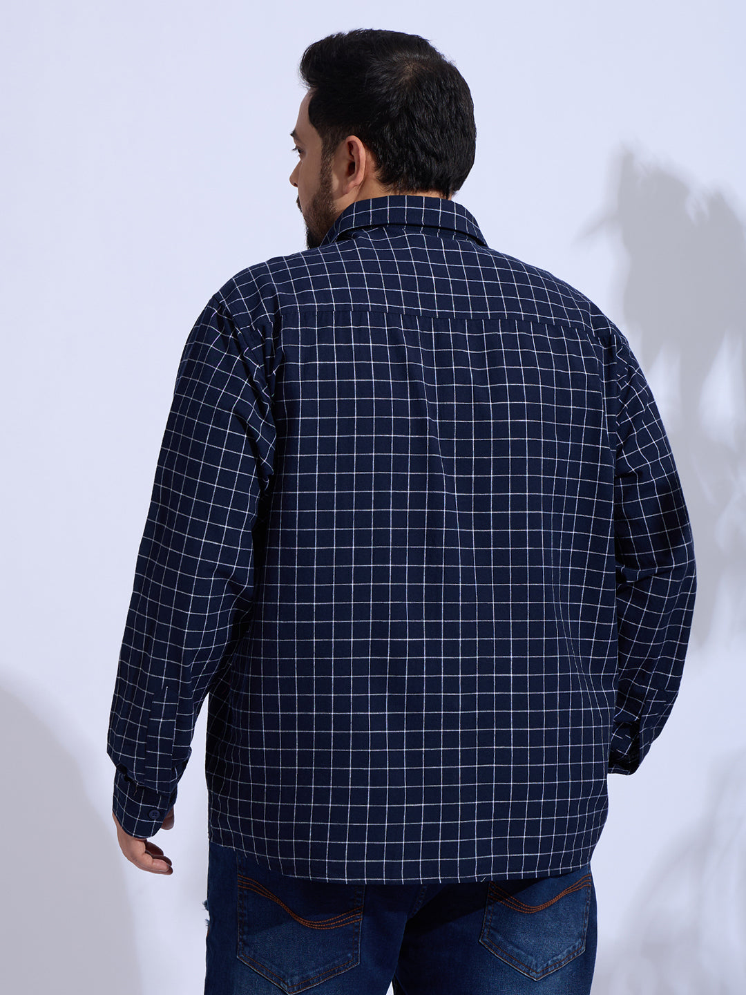 Plus Size Cotton Check 1 Pocket Regular Fit Smart Casual Shirt - Navy